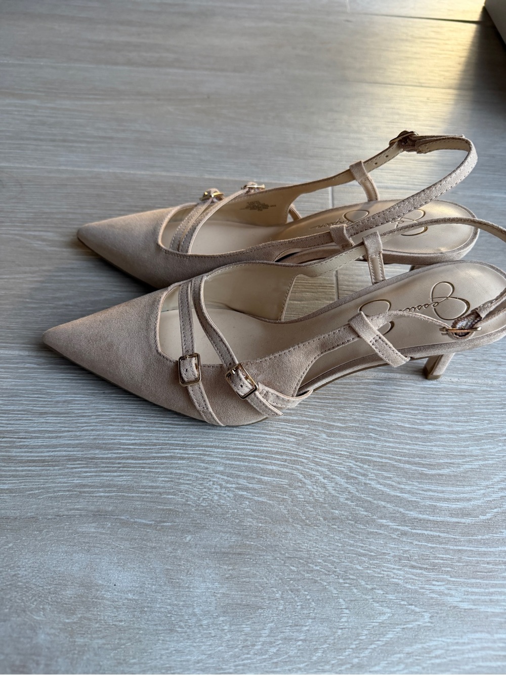 Jessica Simpson Neutral Beige Pointed Slingback Heels with Buckles - Picture 3 of 8